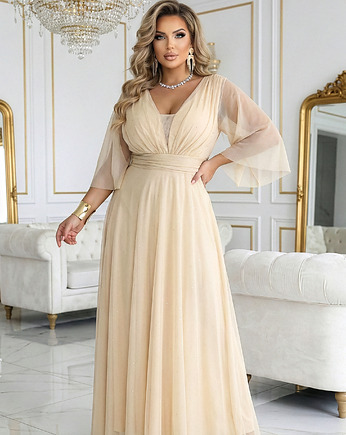 654-2 Długa połyskująca sukienka plus size z dekoltem - beżowa, NUMOCO