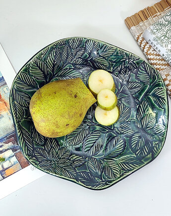 Ceramiczna misa z motywem liści w kolorze butelkowej zieleni, 10FingersArt