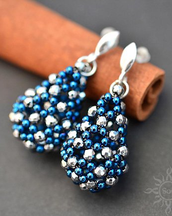 Ażurowe krople z hematytu I, kolczyki, beading, Sol