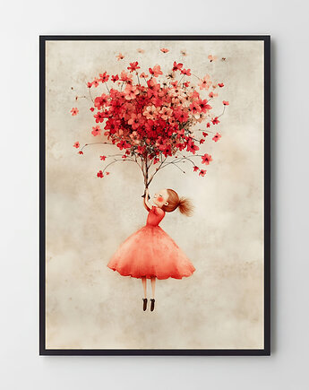 Plakat Dziewczynka unosząca się na różowym kwiatowym niebie, Harvest Maison