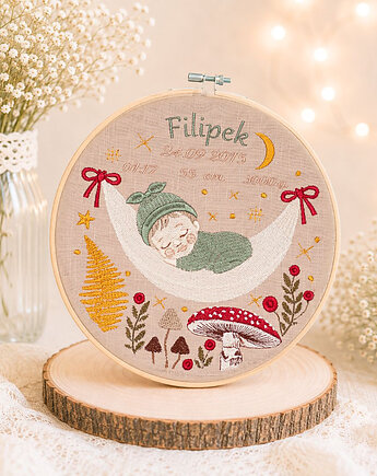 Haftowana personalizowana metryczka, pamiątka narodzin w oprawie 20 cm, Plasun