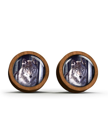 Kolczyki drewniane - Szary wilk - sztyfty, yenoo