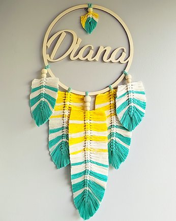 Żółty łapacz snów z imieniem makrama 70cm, Dary Rusałki