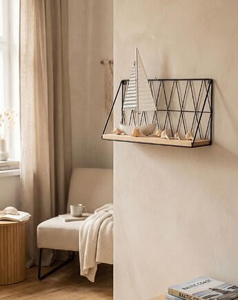 Półka wisząca loft drut i drewno czarna, PiorunowoSzafa