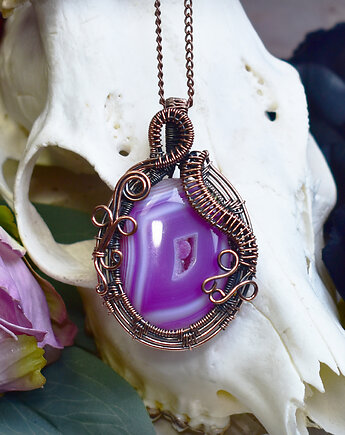 Miedziany wisiorek wire wrapping z różowym agatem, Spirit Of Copper
