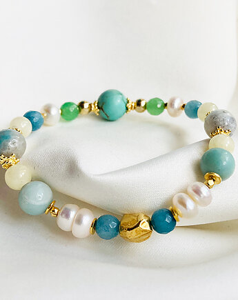 MAGIA Elegancka Bransoletka z kamieni , Amazonit, jadeit, perły złoto, Anemon Atelier