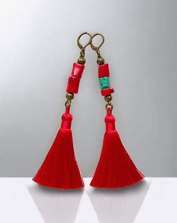 UNIKATOWE kolczyki : koral, turkus naturalny, chwosty, kaktusia