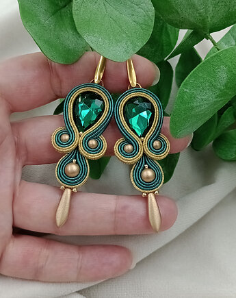 Szmaragdowe zielone złote kolczyki sutasz, kolczyki na wesele, Soutacheria