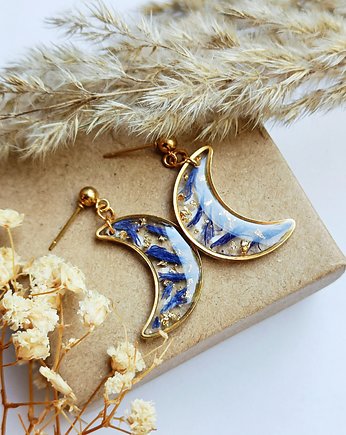 Kolczyki z żywicy księżyc z płatkami chabra, Kwiat Paproci