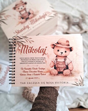 ALBUM  NA ZDJĘCIA MIŚ w kapeluszu z dedykacją, prezent na Roczek, Chrzest, LOO LOO DREAM