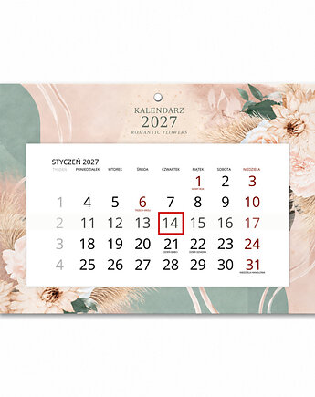 Kalendarz Ścienny Pojedynczy 2027 Romantic Flowers A4, Planerum