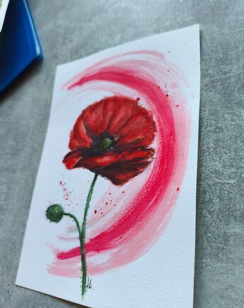 Mak z serii Kwiaty akwarela A5 obraz natura łąka kolekcja, kkjustpaint Karolina Kamińska