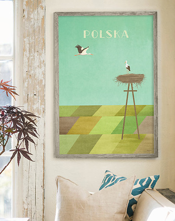 Plakat Polska - bociany nad polami, minimalmill