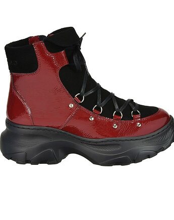 Botki skórzane - suwak i sznurówki -   czerwono czarne  (6214), BOSCCOLO