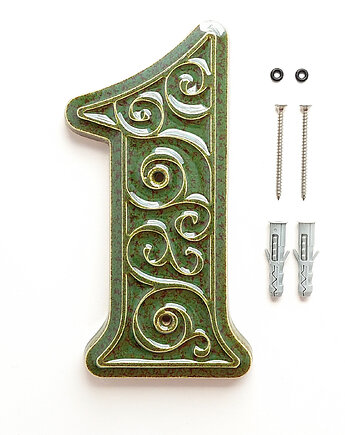 Numer domu, cyfra 1, zielono-brązowa, do przykręcenia, pracowniazona