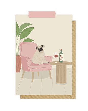 Kartka mops i wino - urodziny imieniny, Pink Pug