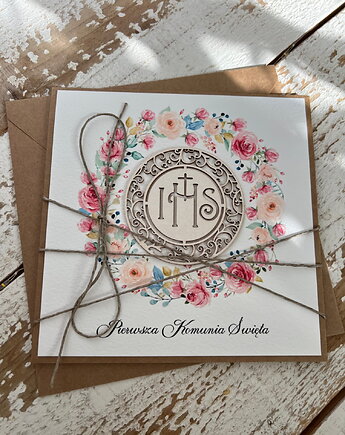 Ręcznie robiona kartka na komunię z życzeniami - dziewczynka, sorte