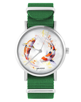 Zegarek - Karpie Koi - zielony, nylonowy, OSOBY - Prezent dla niego