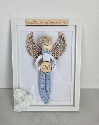 Wyjatkowy Anioł Stróż w ramce,ręcznie robiona pamiątka Komunii Chrztu, Ona Ci Zaplecie