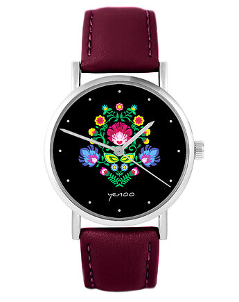 Zegarek - Folkowy czarny - skórzany, burgund, yenoo