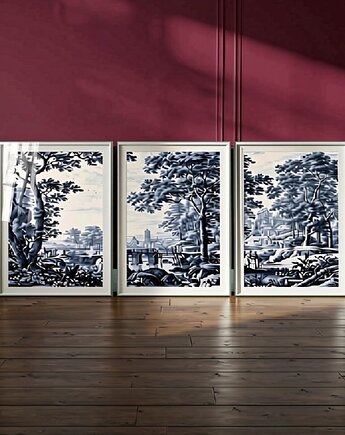 3 PLAKATY niebieskie, toile de jouy sztuka ścienna, black dot studio