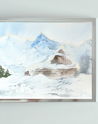 WYPRZEDAŻ SZTUKI! Akwarela Pejzaż zimowy oryginalny obraz 300g A4 21x30 cm, Kwitnace