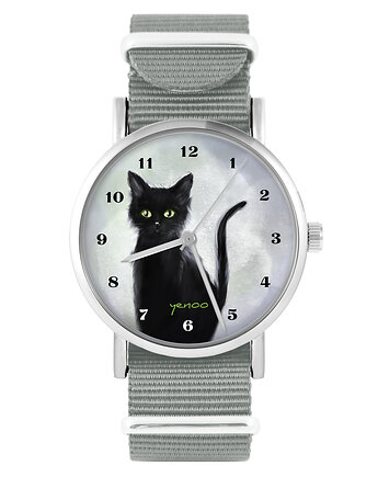 Zegarek - Czarny kot - szary, nylonowy, yenoo