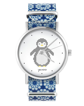 Zegarek - Pingwin - niebieski, kwiaty, yenoo