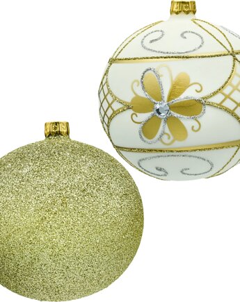 Bombki okrągłe: złote brokatowe i ecru, Syn Bombkarza