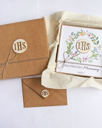 Kartka, personalizacja, pudełko, koperta : kolorowy wianuszek IHS, kaktusia