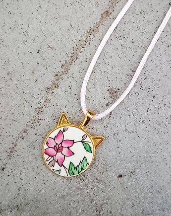 Naszyjnik w kwiaty kot, biżuteria z talerzy