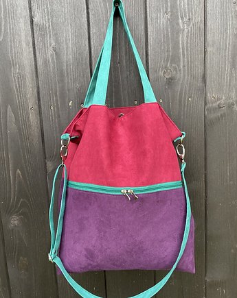Duża torba na ramię z zapinaną kieszenią -fiolet,burgund,jadeit, PRACOWNIA 166