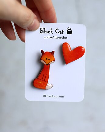 Komplet broszek Lisek + serduszko. Ręcznie malowane, Black Cat