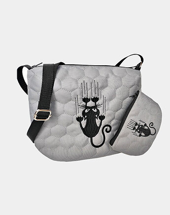 Szara listonoszka,  torebka z kotkiem , portfelik kotek, Made by Joan