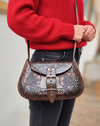 Torebka skórzana Folklora ciemnobrązowa kwiaty ręcznie robiona, SempreArte