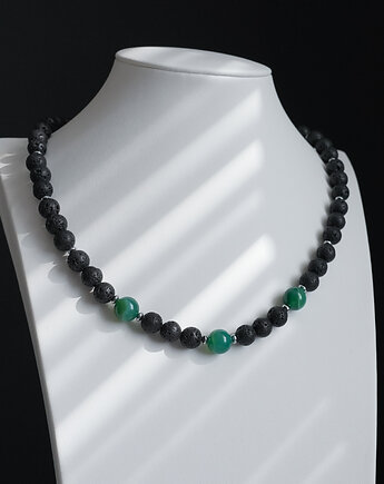 Męski krótki naszyjnik z lawy z zielonym agatem, AT NOON
