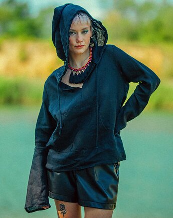 Bluza lniana z długim rękawem i kapturem, tunika lniana, NavahoClothing