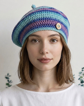 Wiosenny beret damski z antenką ręcznie robiony bawełna one size, splotomaniaa