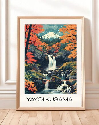 PLAKAT japoński, Kusama ilustracja, góra, las , natura , wodospad, black dot studio