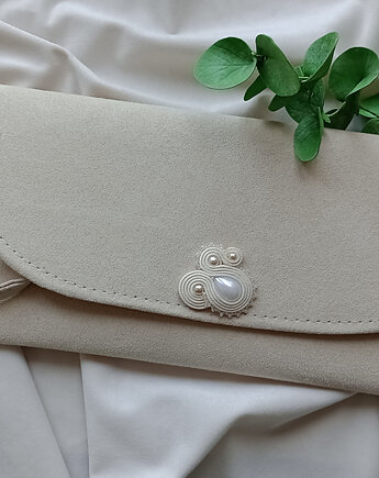 Beżowa perłowa kopertówka, torebka do ręki ivory na komunię wesele, Soutacheria