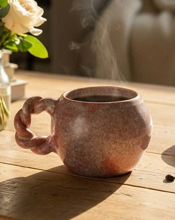 Kubek ceramiczny różowy - zakręcone uszko, szkliwiona.art