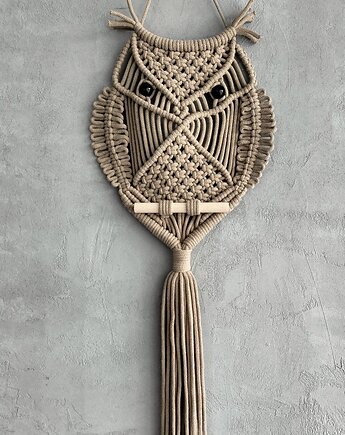 Sowa Makrama Cappuccino Ciemny Beż Elegancka Dekoracja na Ścianę 80 cm, Pracownia Wardin