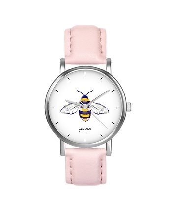 Zegarek  mały - Pszczoła - skórzany, pudrowy róż, yenoo