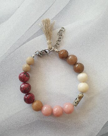Bransoletka BOHO ART jadeit, jaspis, bordo, krem, łosoś, brąz, modesign