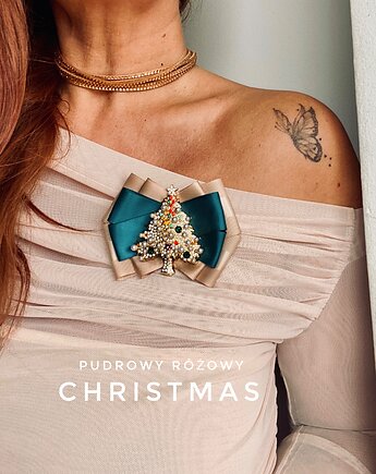 Brosza z Choinką z perłami  Mikołajki Święta, Pudrowy Różowy
