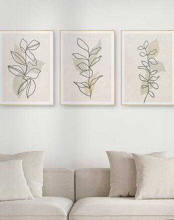 Zestaw 3 stylowych plakatów w stylu Boho, rośliny, liście, kwiaty, line art., Grawisfera