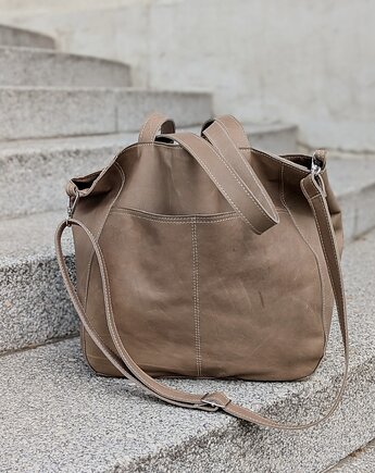 Duża beżowa skórzana torba z dużymi kieszeniami, Łagoda