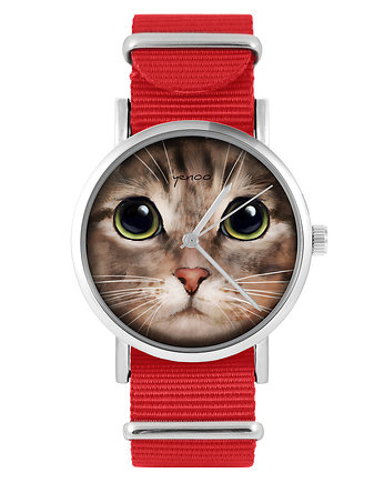 Zegarek - Kot tygrysek - czerwony, nylonowy, OSOBY - Prezent dla teścia
