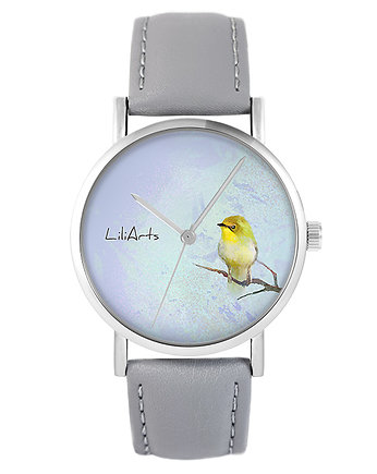 Zegarek - Żółty ptaszek - skóra, szary, yenoo