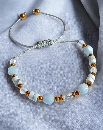 NIEBIAŃSKA bransoletka: kryształ górski, akwamaryn, howlit, agat, hematyt, kaktusia